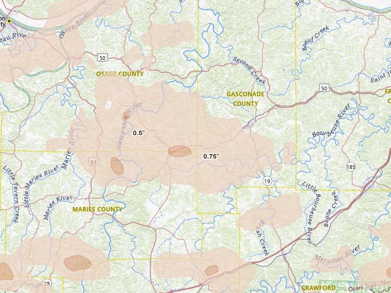 Radar-estimated hail-size map of the storm over Bland, MO on May 31, 2026