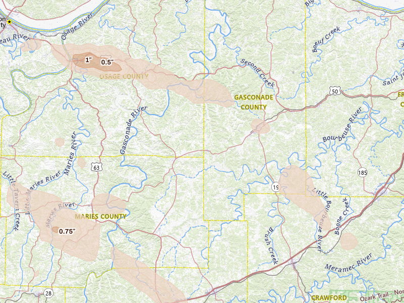Radar-estimated hail-size map of the storm over Bland, MO on Jul 9, 2026
