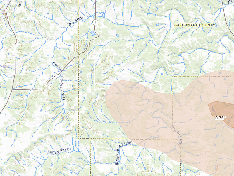 Radar-estimated hail-size map of the storm over Bland, MO on Aug 12, 2026