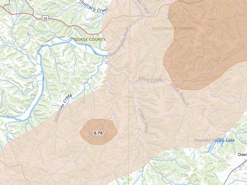 Radar-estimated hail-size map of the storm over Bland, MO on Aug 16, 2026