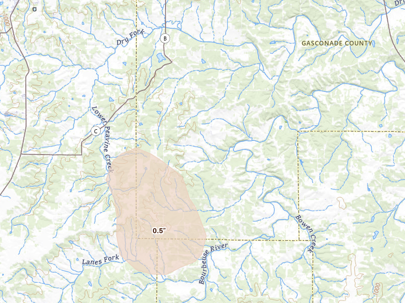 Radar-estimated hail-size map of the storm over Bland, MO on Aug 18, 2026