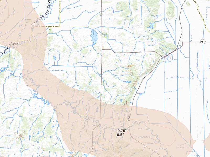 Radar-estimated hail-size map of the storm over Bloomfield, MO on Jul 9, 2026