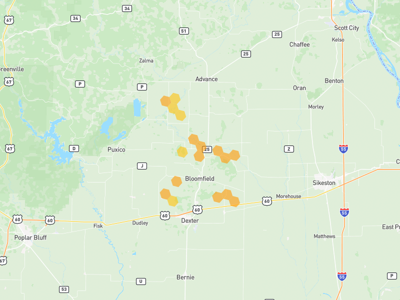 Hail map of Bloomfield, MO on Jul 9, 2026, hail up to 1.25"