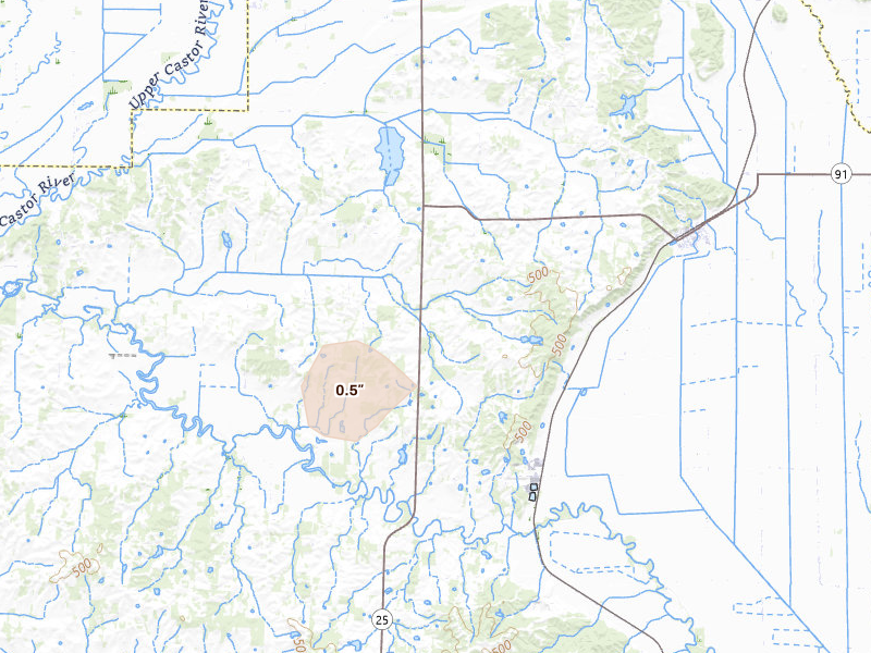 Radar-estimated hail-size map of the storm over Bloomfield, MO on Aug 16, 2026