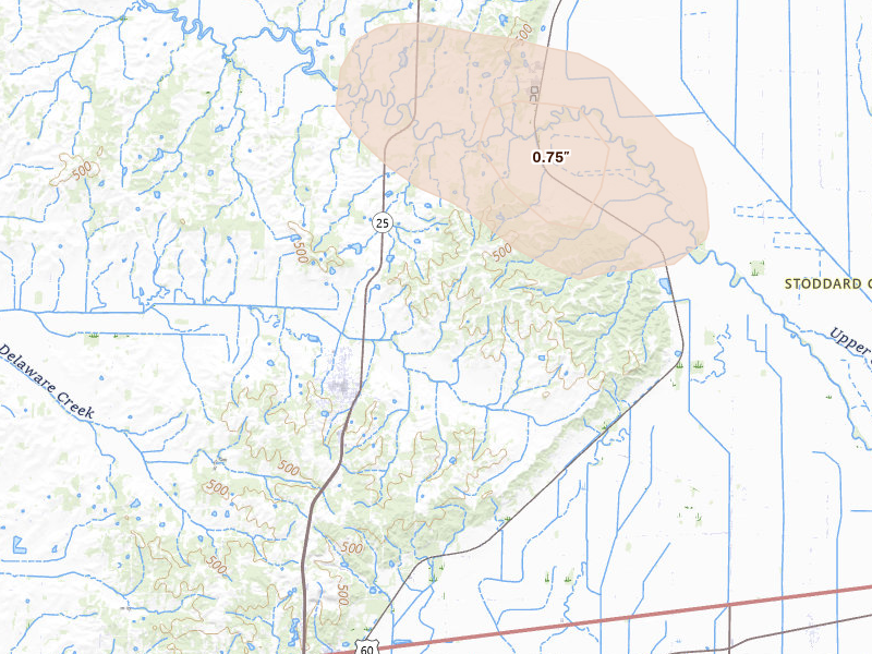 Radar-estimated hail-size map of the storm over Bloomfield, MO on Aug 26, 2026