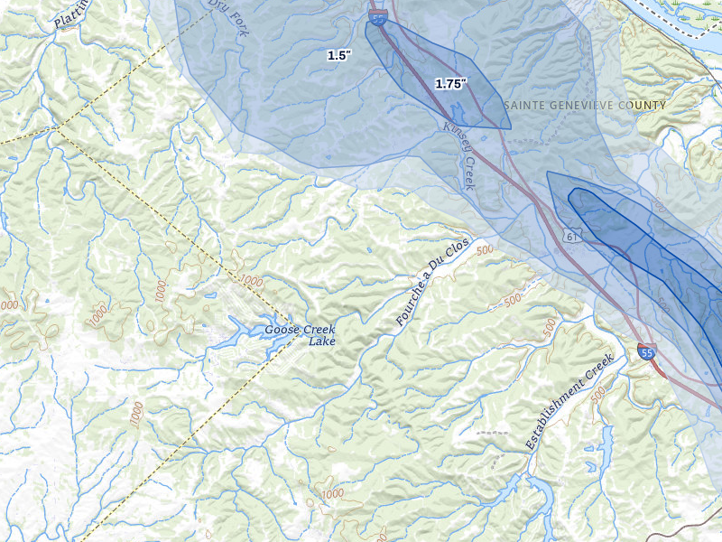 NEXRAD radar-signature map of the hail storm over Bloomsdale, MO on Aug 12, 2026