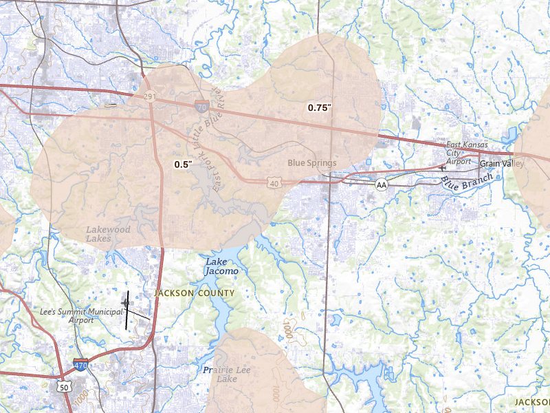 Radar-estimated hail-size map of the storm over Blue Springs, MO on Mar 10, 2026