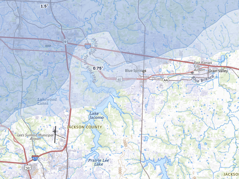 NEXRAD radar-signature map of the hail over Blue Springs, MO