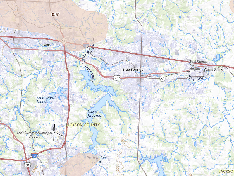 Radar-estimated hail-size map of the storm over Blue Springs, MO on May 31, 2026