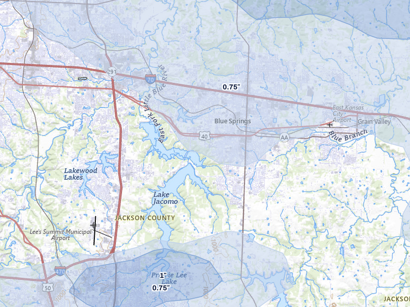 NEXRAD radar-signature map of the hail storm over Blue Springs, MO on May 31, 2026