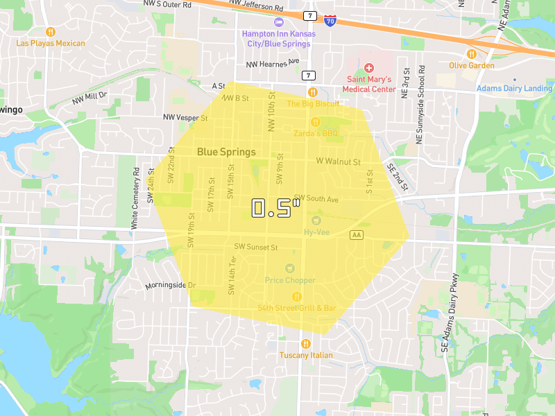Hail map of Blue Springs, MO on Jun 1, 2026, hail up to 0.5"