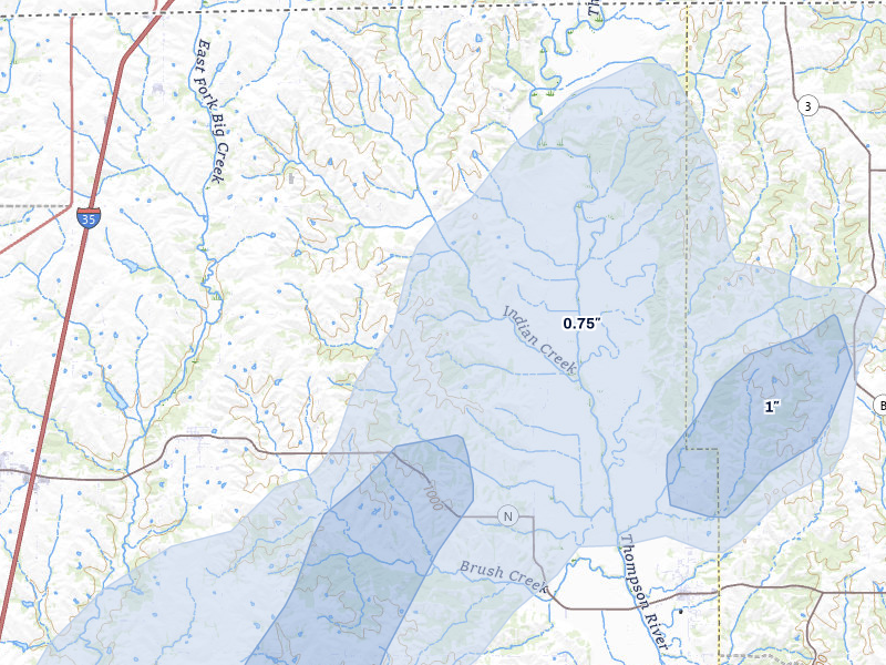 NEXRAD radar-signature map of the hail storm over Blythedale, MO on Mar 5, 2026