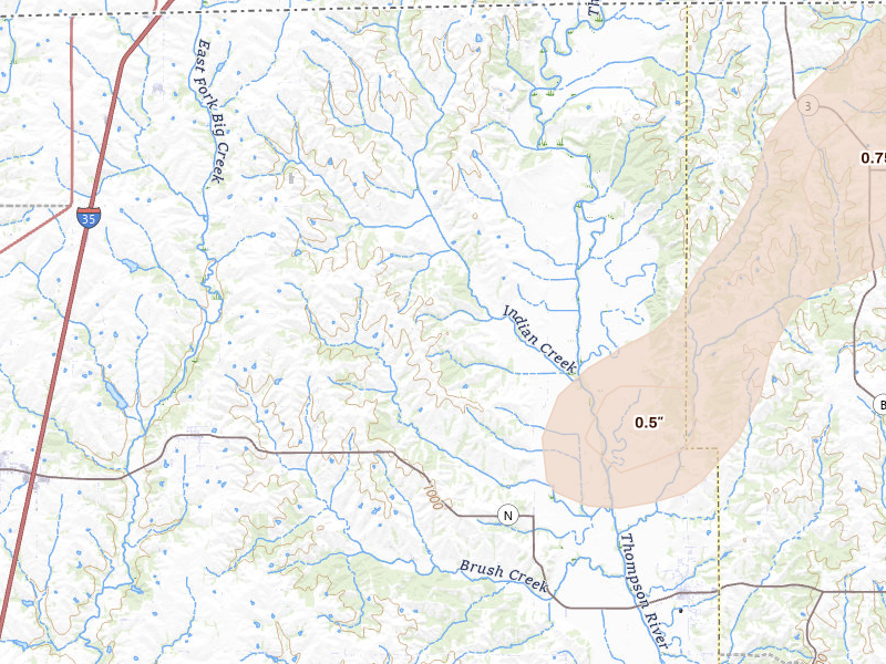 Radar-estimated hail-size map of the storm over Blythedale, MO on Apr 2, 2026