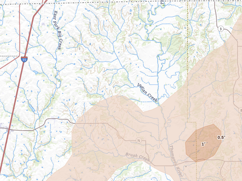 Radar-estimated hail-size map of the storm over Blythedale, MO on Apr 15, 2026
