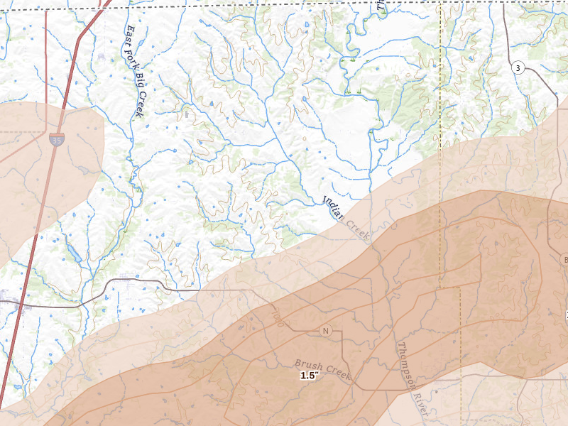 Radar-estimated hail-size map of the storm over Blythedale, MO on Apr 17, 2026