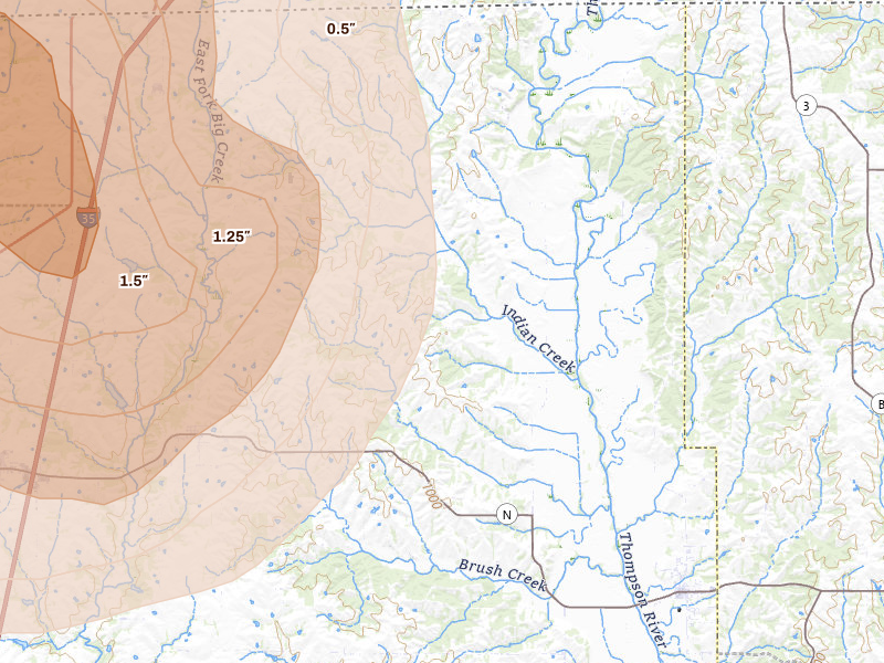 Radar-estimated hail-size map of the storm over Blythedale, MO on May 16, 2026