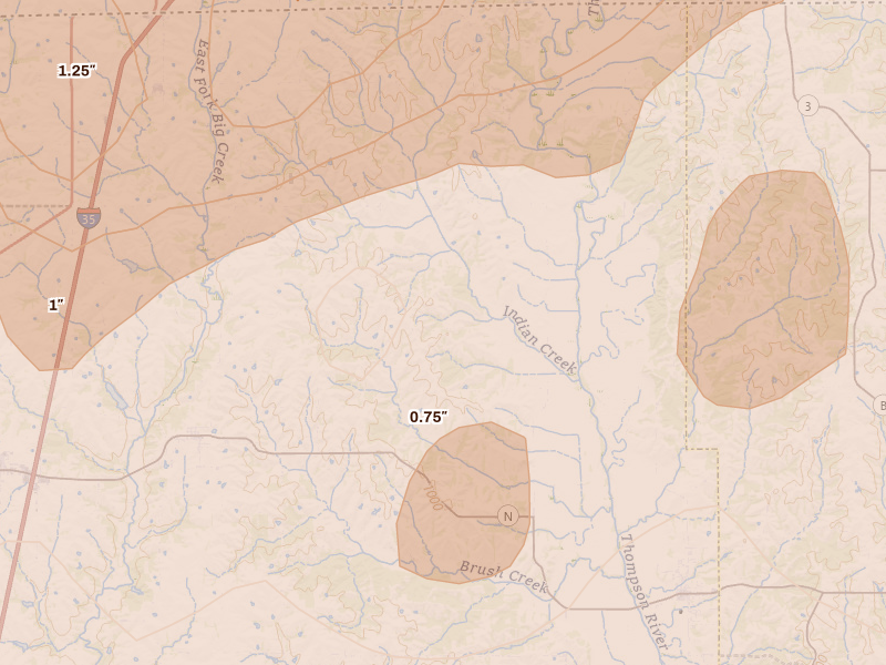 Radar-estimated hail-size map of the storm over Blythedale, MO on Jun 11, 2026