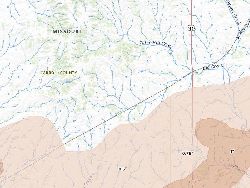 Radar-estimated hail-size map of the storm over Bogard, MO on Mar 10, 2026