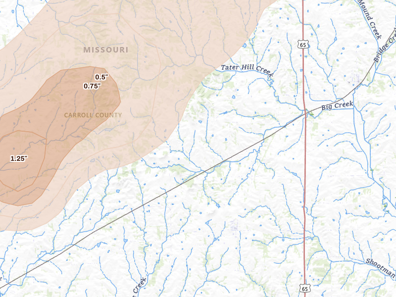 Radar-estimated hail-size map of the storm over Bogard, MO on Apr 15, 2026