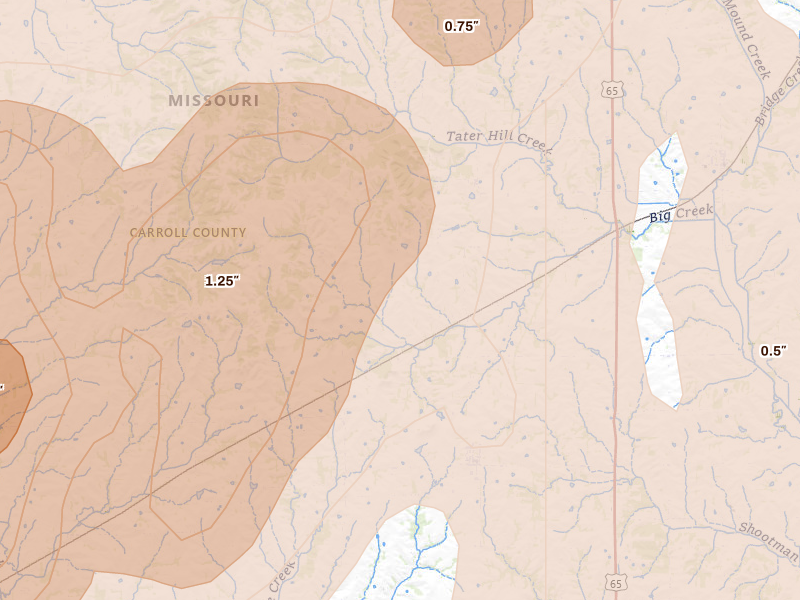 Radar-estimated hail-size map of the storm over Bogard, MO on Apr 26, 2026