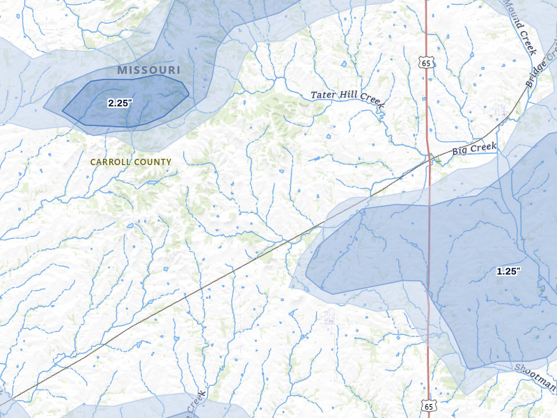 NEXRAD radar-signature map of the hail storm over Bogard, MO on Apr 26, 2026