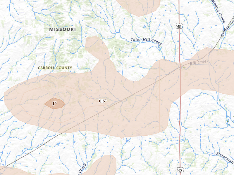 Radar-estimated hail-size map of the storm over Bogard, MO on May 31, 2026