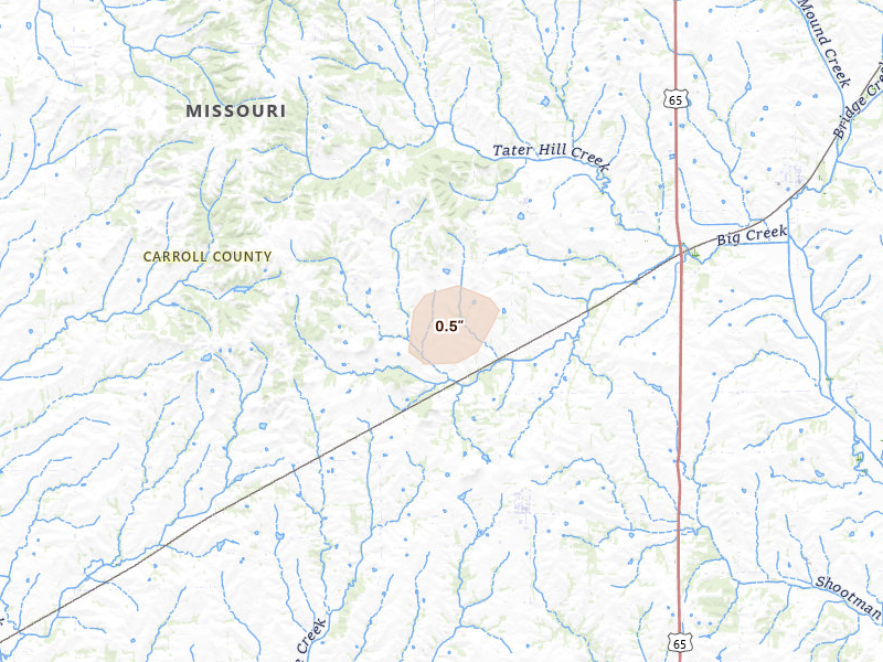 Radar-estimated hail-size map of the storm over Bogard, MO on Jul 3, 2026
