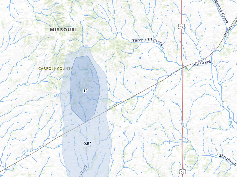 NEXRAD radar-signature map of the hail storm over Bogard, MO on Jul 3, 2026