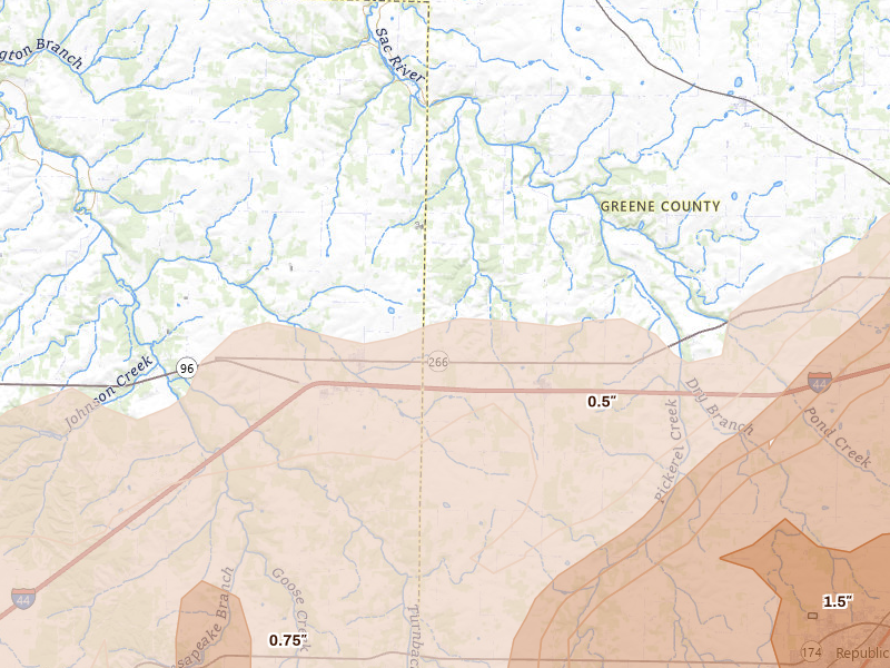 Radar-estimated hail-size map of the storm over Bois D Arc, MO on Apr 28, 2026