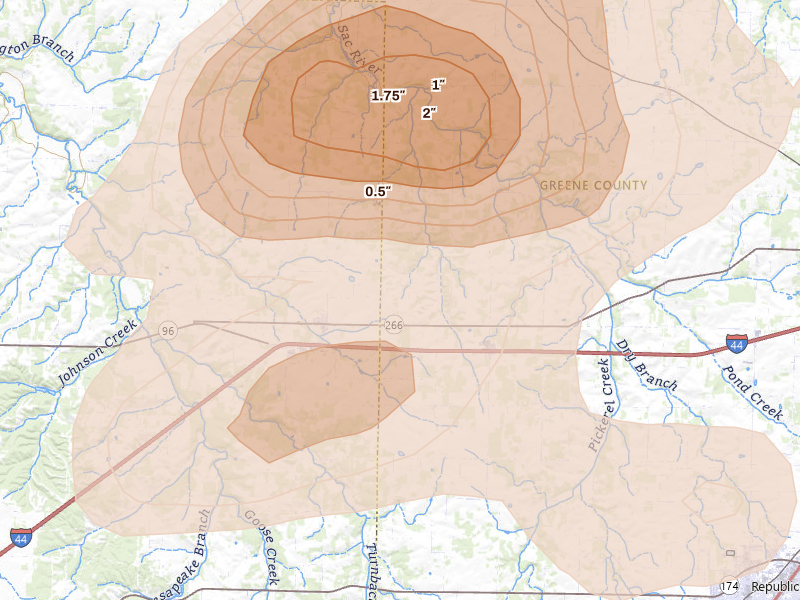 Radar-estimated hail-size map of the storm over Bois D Arc, MO on Aug 6, 2026