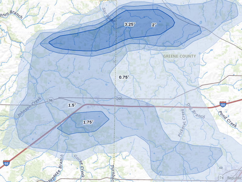 NEXRAD radar-signature map of the hail storm over Bois D Arc, MO on Aug 6, 2026
