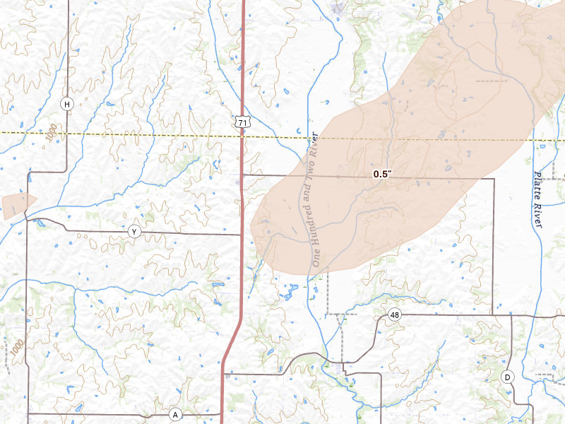 Radar-estimated hail-size map of the storm over Bolckow, MO on Apr 17, 2026