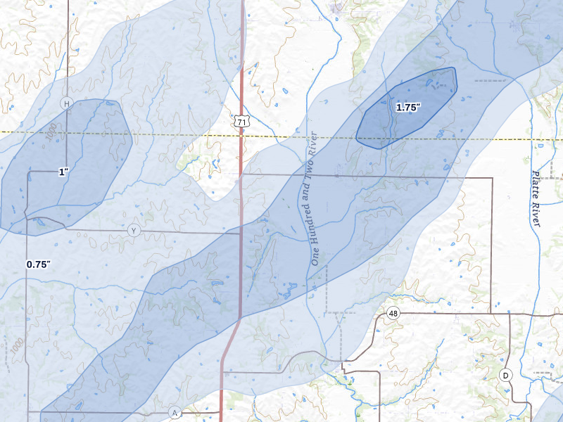 NEXRAD radar-signature map of the hail storm over Bolckow, MO on Apr 17, 2026