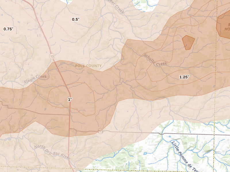 Radar-estimated hail-size map of the storm over Bolivar, MO on Apr 26, 2026