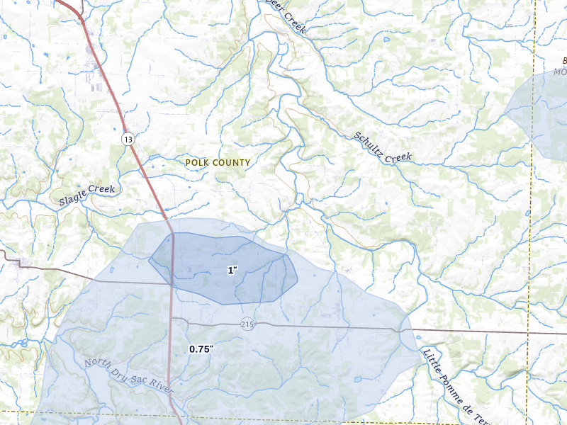 NEXRAD radar-signature map of the hail over Bolivar, MO