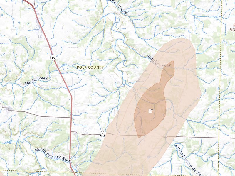 Radar-estimated hail-size map of the storm over Bolivar, MO on Jun 25, 2026