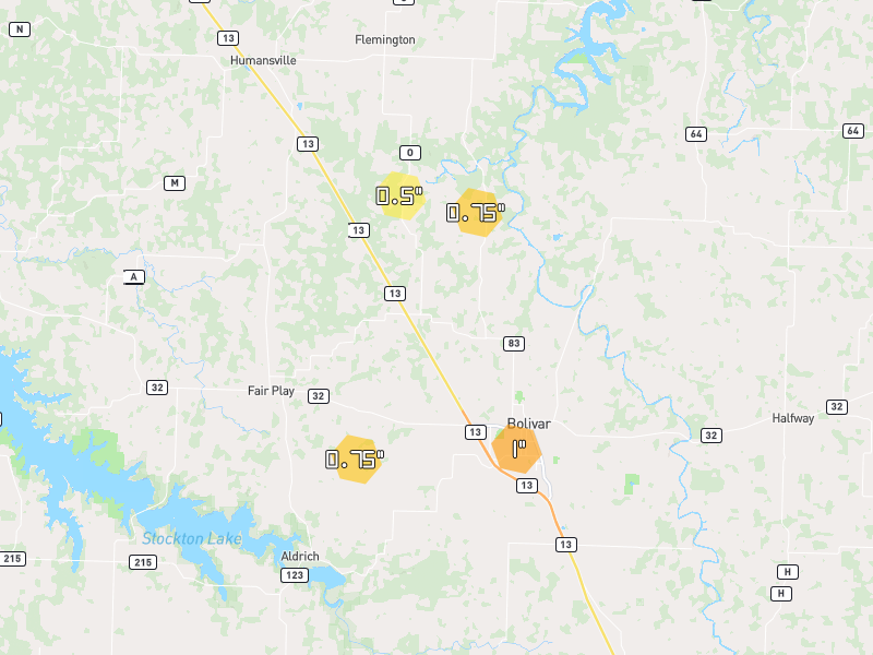 Hail map of Bolivar, MO on Jul 9, 2026, hail up to 1"