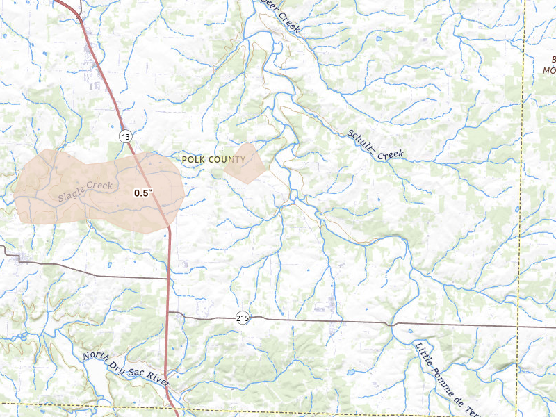 Radar-estimated hail-size map of the storm over Bolivar, MO on Jul 10, 2026
