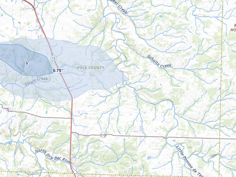 NEXRAD radar-signature map of the hail storm over Bolivar, MO on Jul 10, 2026