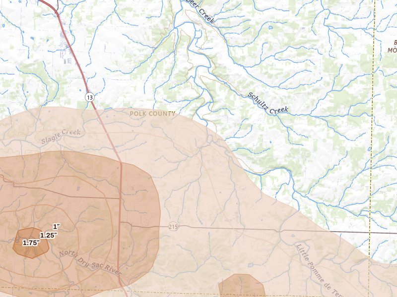 Radar-estimated hail-size map of the storm over Bolivar, MO on Aug 6, 2026