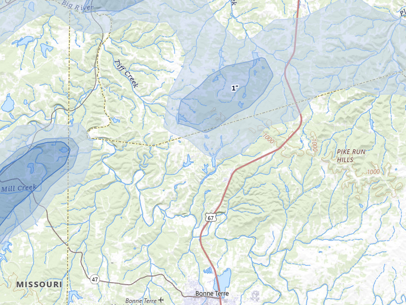 NEXRAD radar-signature map of the hail storm over Bonne Terre, MO on Mar 4, 2026