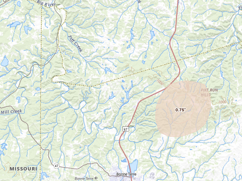 Radar-estimated hail-size map of the storm over Bonne Terre, MO on Jul 3, 2026
