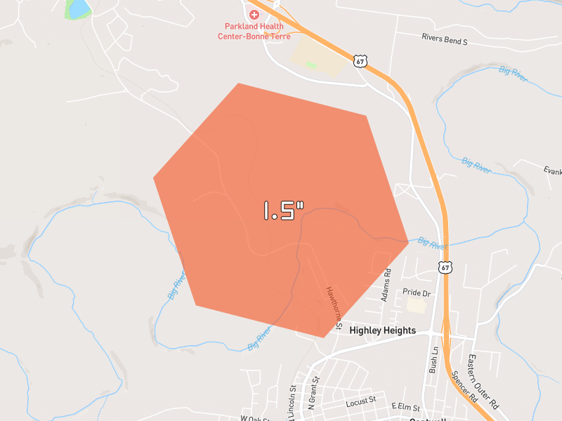 Hail map of Bonne Terre, MO on Jul 3, 2026, hail up to 1.5"