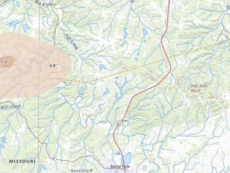 Radar-estimated hail-size map of the storm over Bonne Terre, MO on Jul 9, 2026
