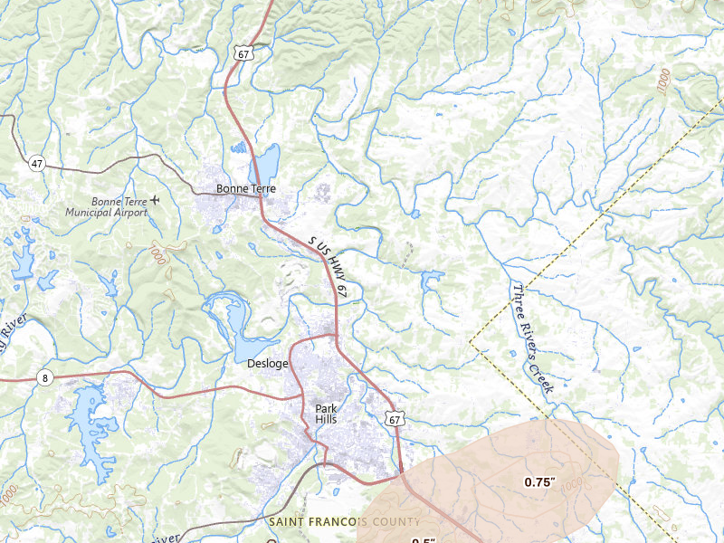 Radar-estimated hail-size map of the storm over Bonne Terre, MO on Jul 31, 2026