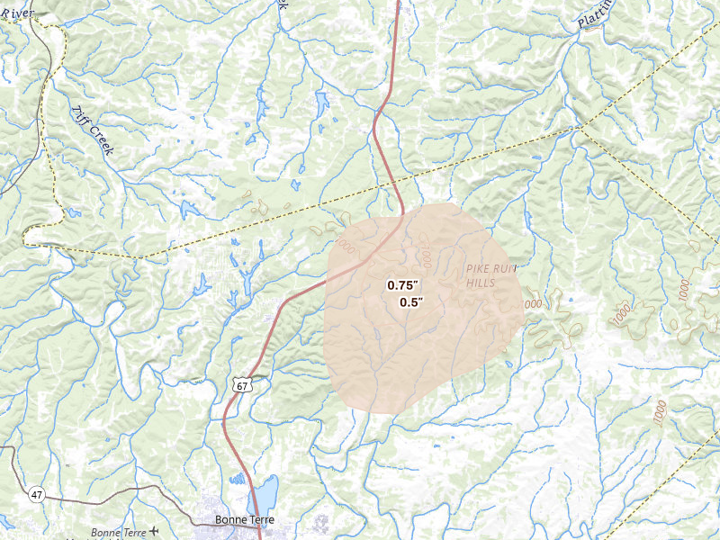 Radar-estimated hail-size map of the storm over Bonne Terre, MO