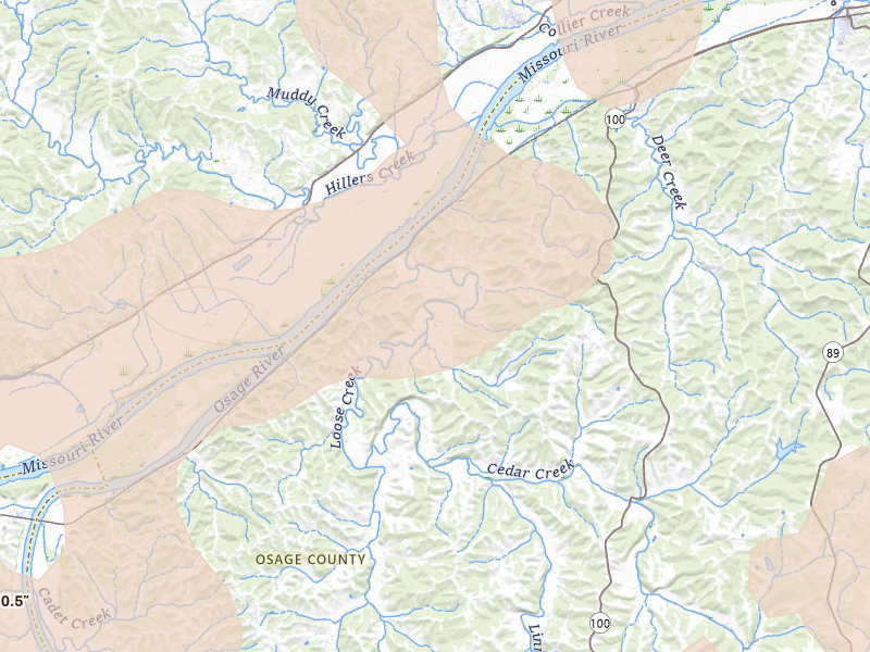 Radar-estimated hail-size map of the storm over Bonnots Mill, MO on May 31, 2026