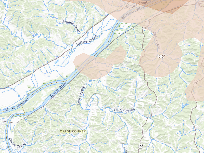 Radar-estimated hail-size map of the storm over Bonnots Mill, MO on Jul 31, 2026