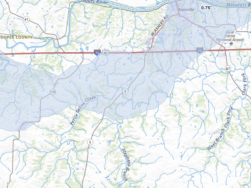 NEXRAD radar-signature map of the hail over Boonville, MO