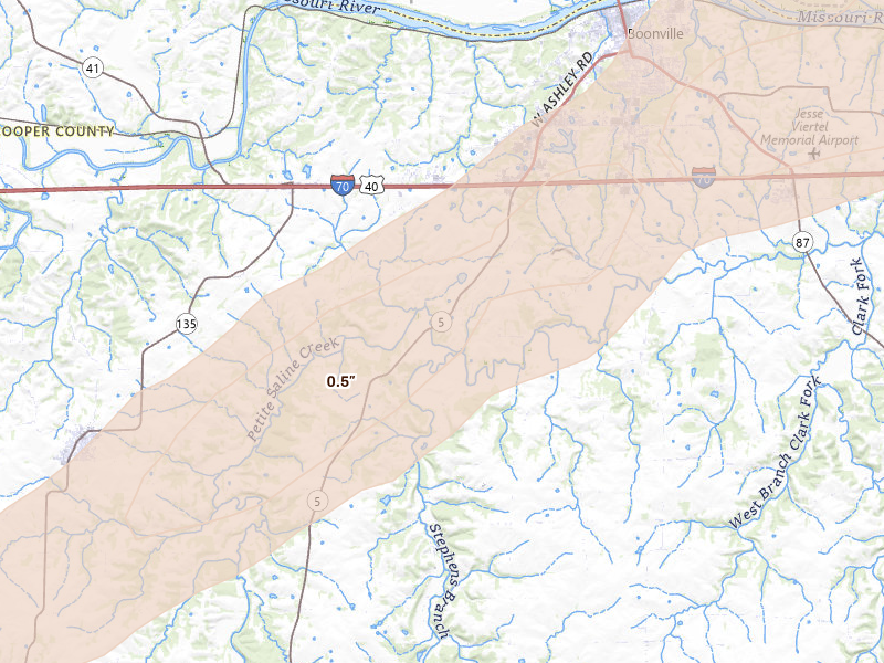 Radar-estimated hail-size map of the storm over Boonville, MO on Apr 27, 2026